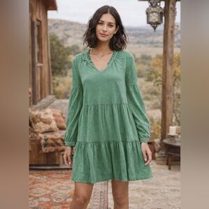 Sundance Cotton Tiered Dress Large Gem Green Long Sleeve Ruffle Sage Boho